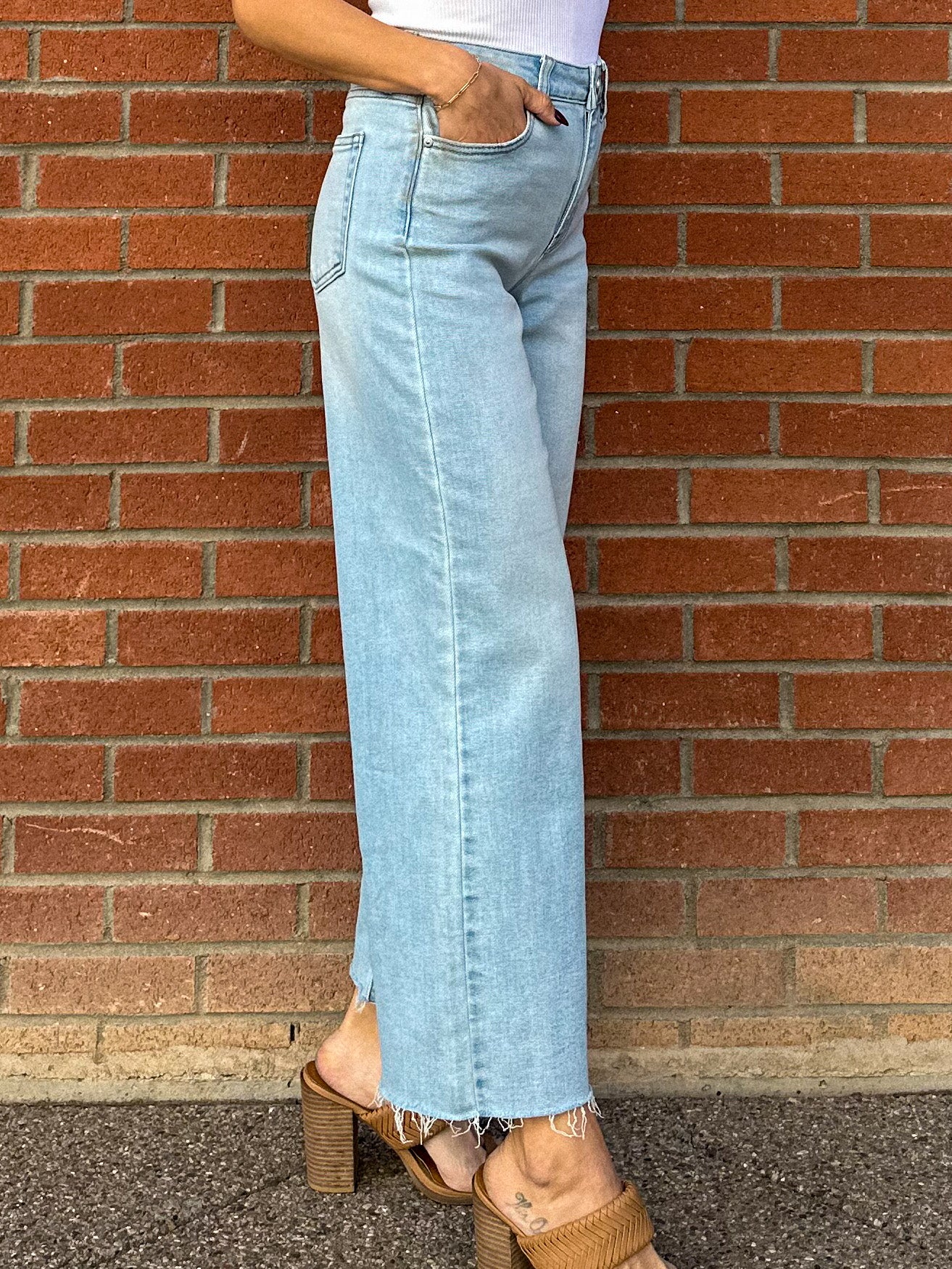 JBD just black denim slim wide leg jeans in a light wash denim with raw hem