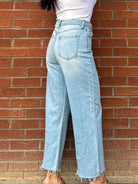 JBD just black denim slim wide leg jeans in a light wash denim with raw hem
