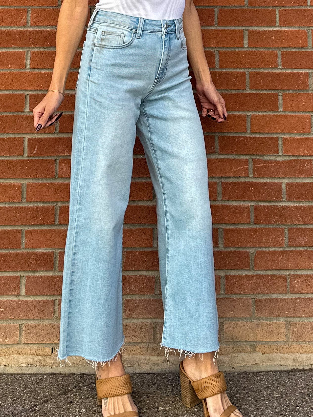 JBD just black denim slim wide leg jeans in a light wash denim with raw hem