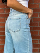 JBD just black denim slim wide leg jeans in a light wash denim with raw hem