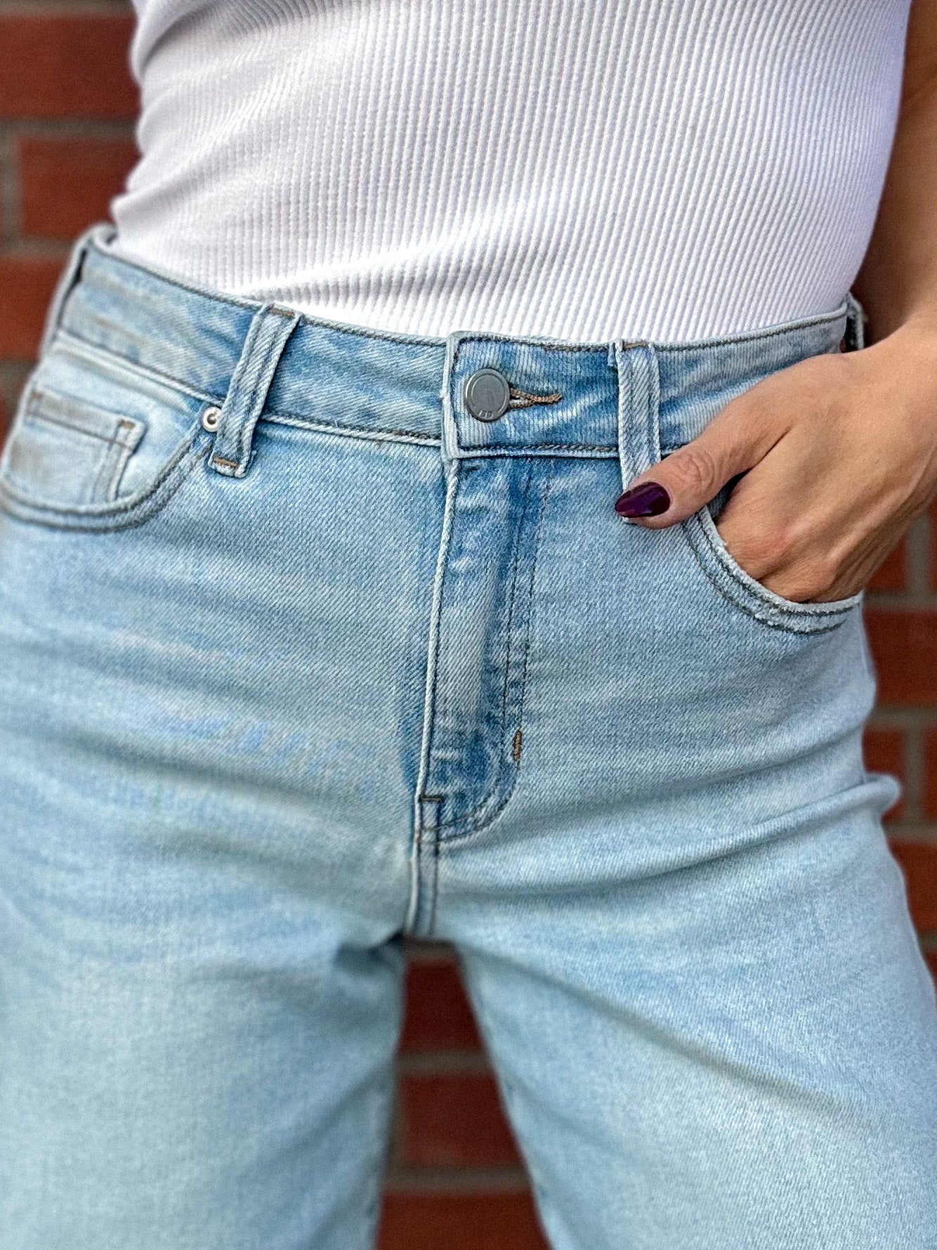 JBD just black denim slim wide leg jeans in a light wash denim with raw hem