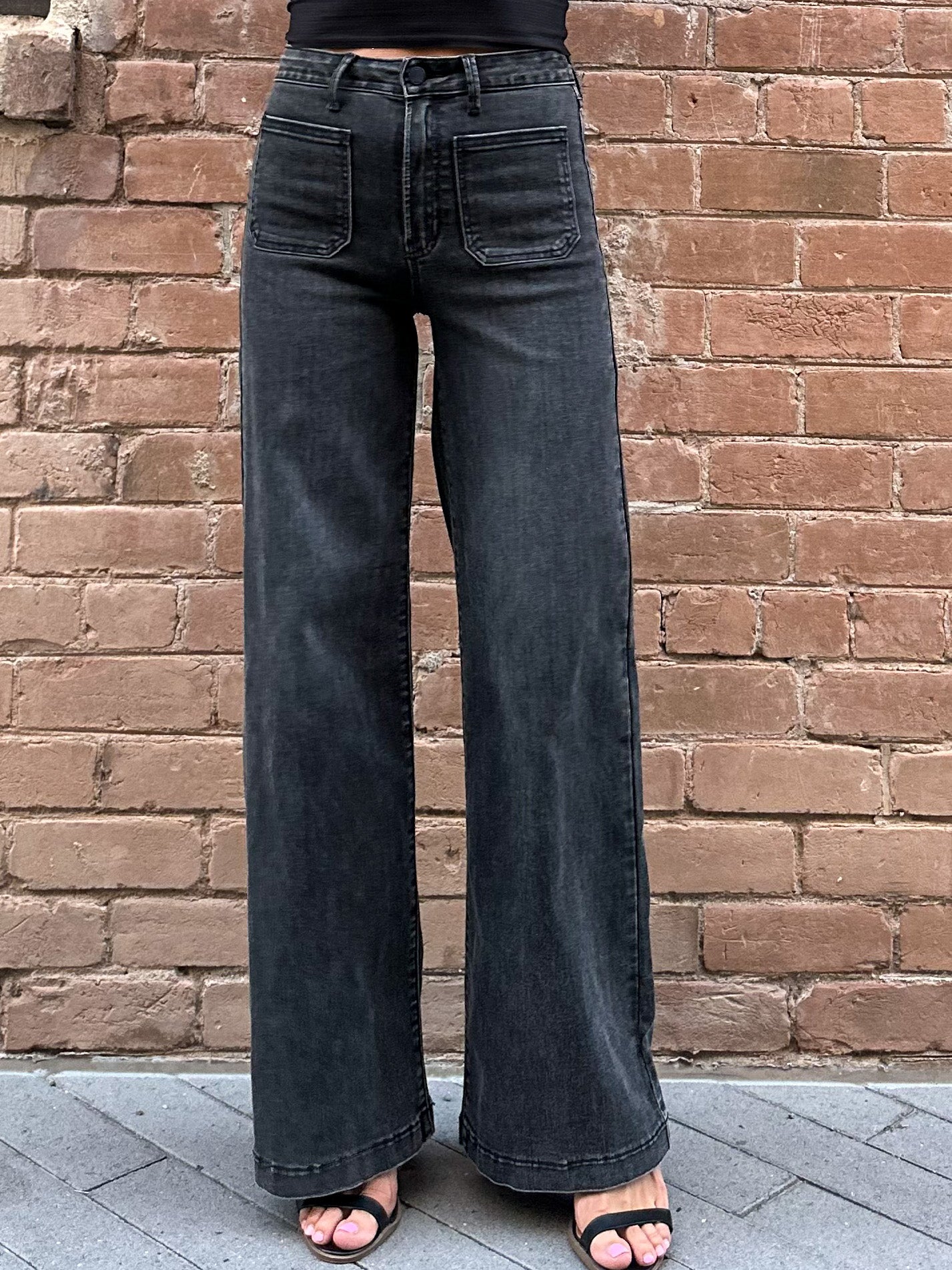 JBD] Front Pocket Wide Leg Jeans - Washed Black – Be Queen