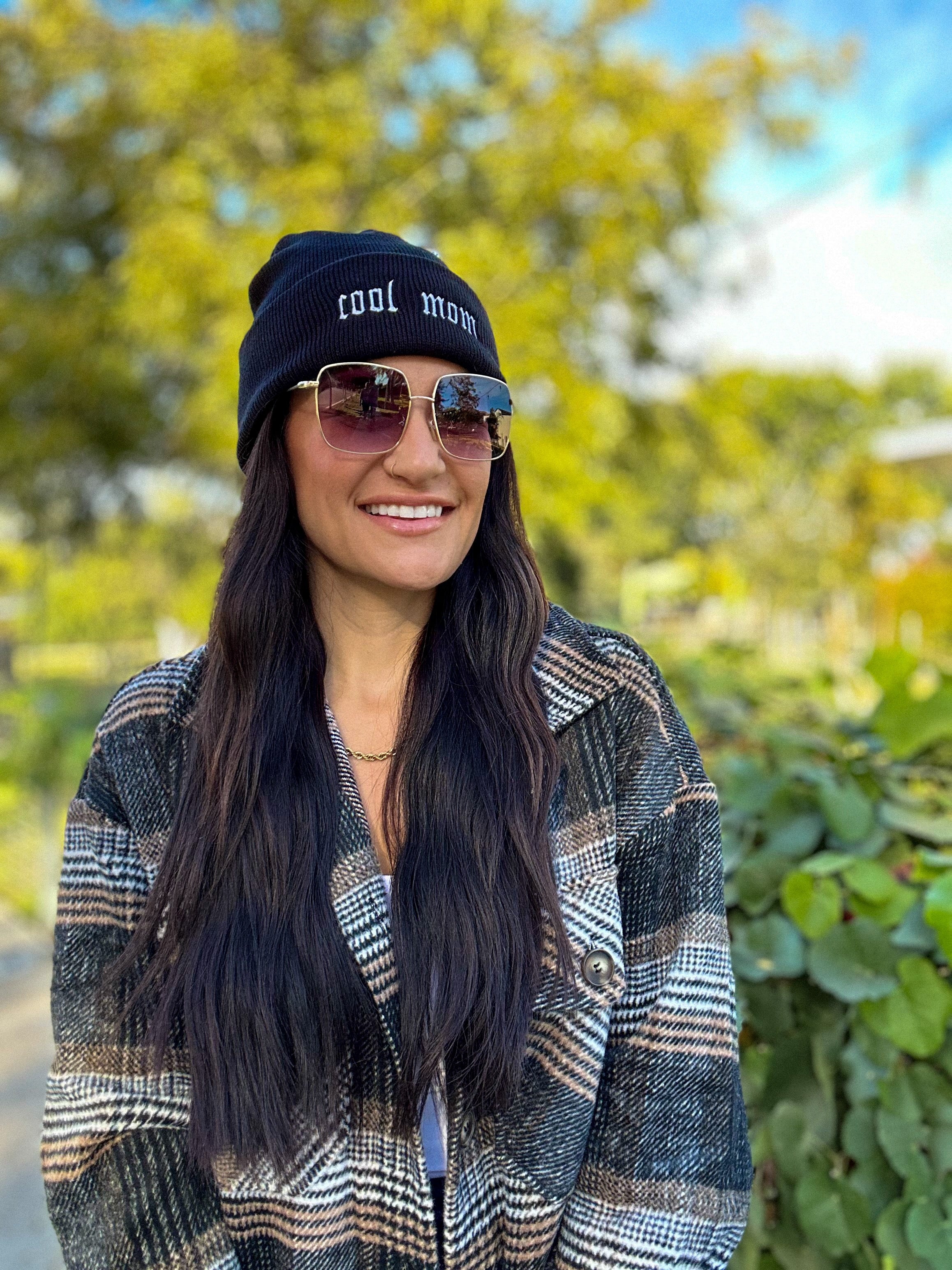 Women's black embroidered cool mom beanie