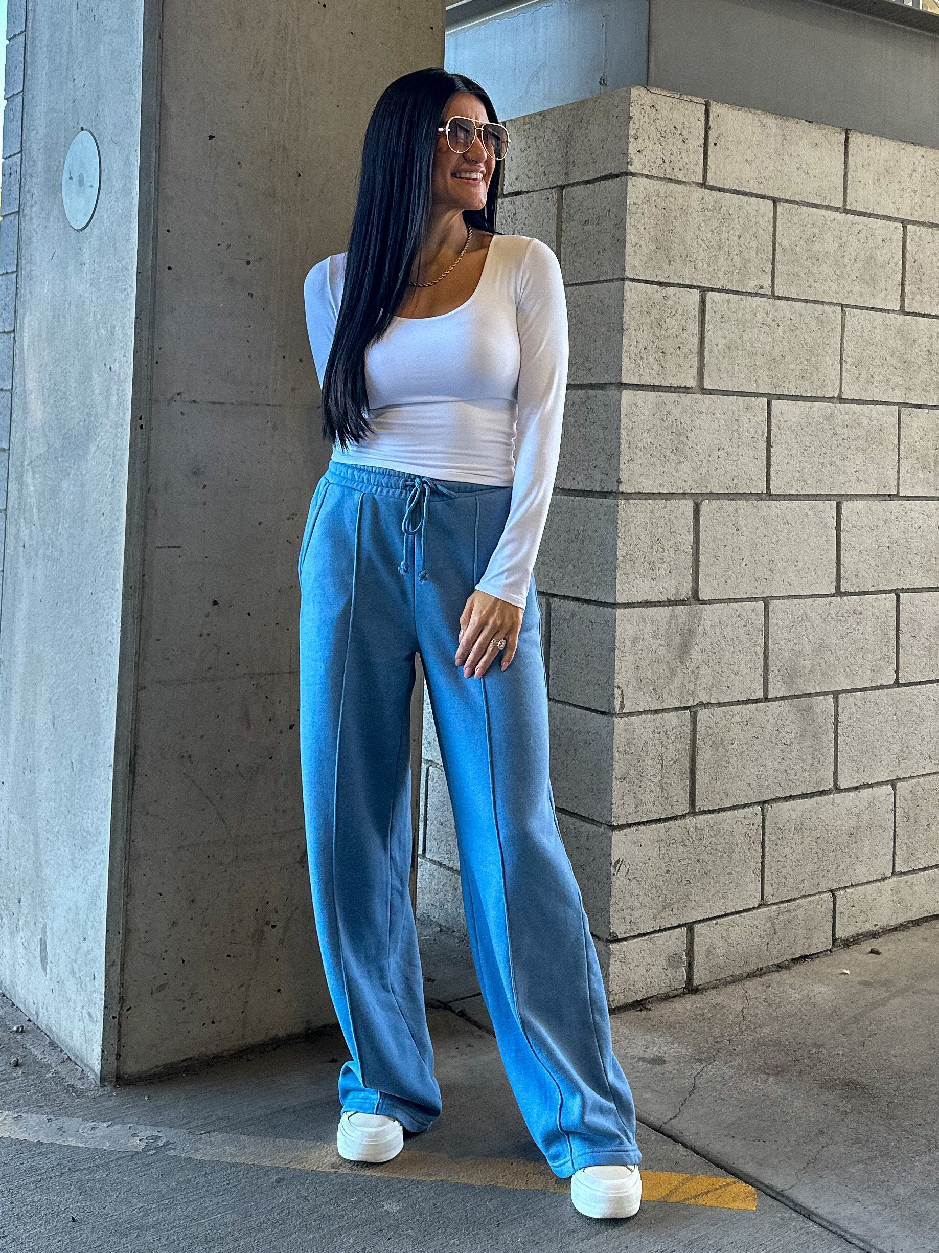 women's hyfve blue wide leg brushed comfy and soft drawstring sweatpants