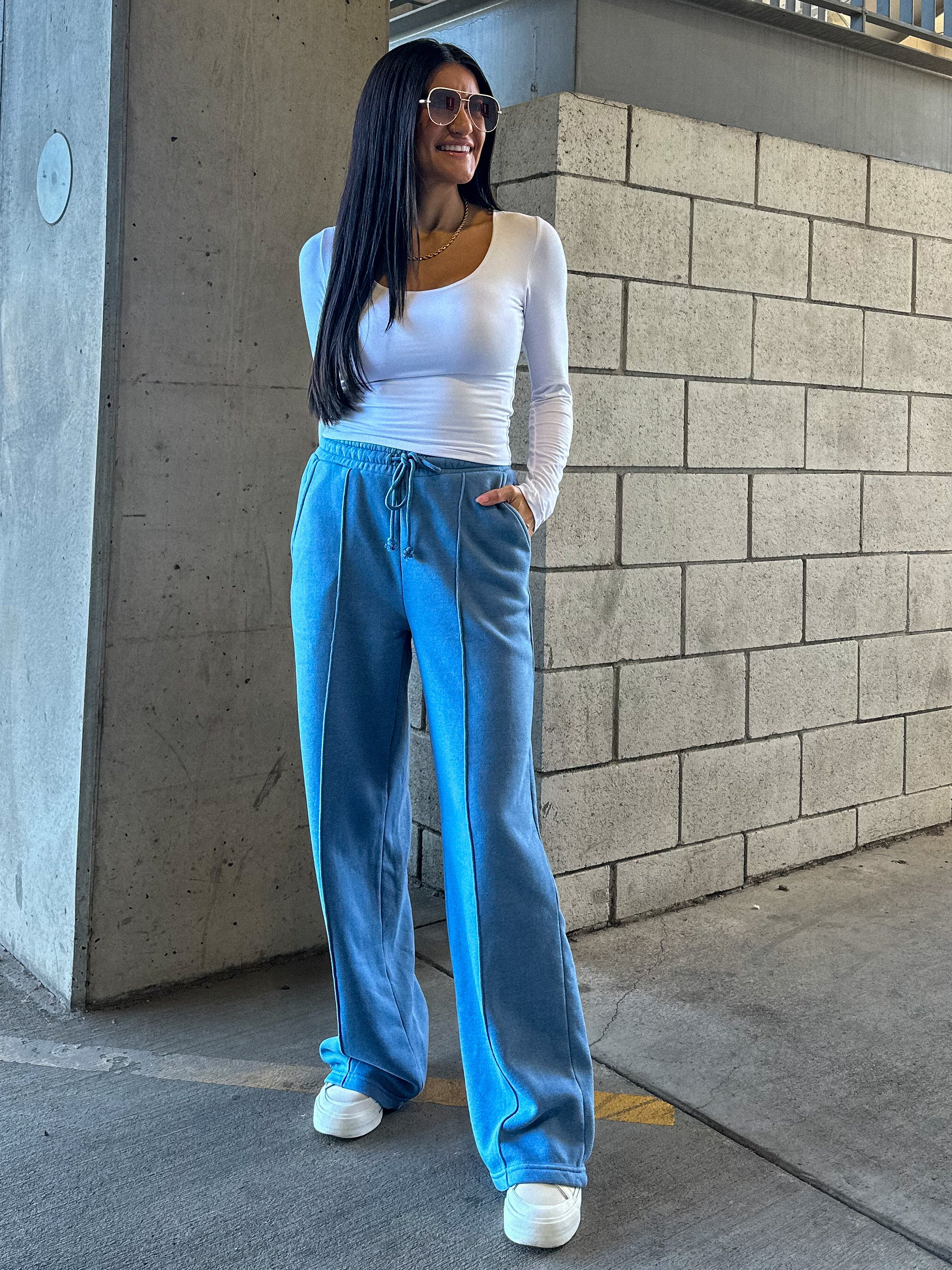 women's hyfve blue wide leg brushed comfy and soft drawstring sweatpants