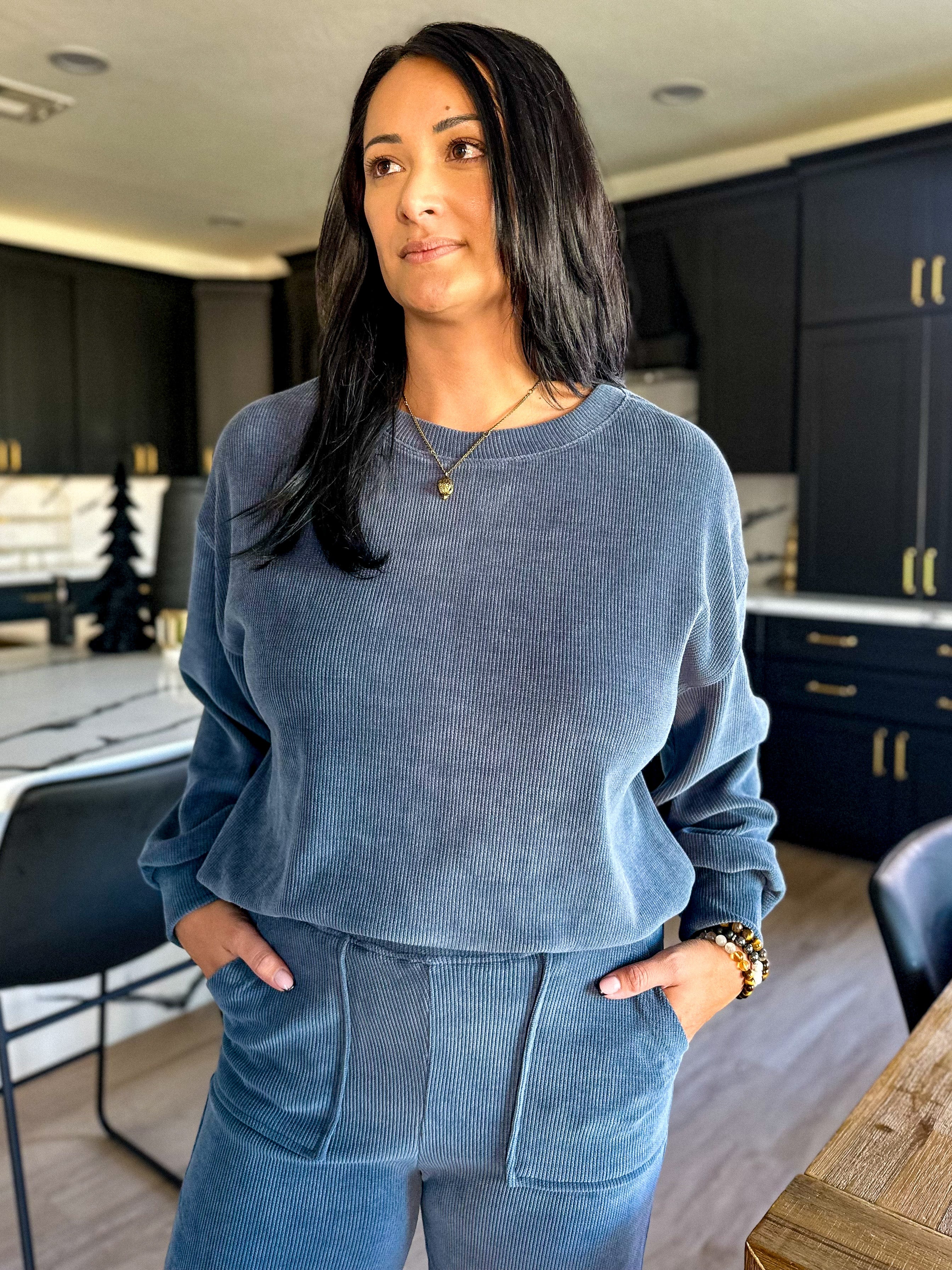 women's blue relaxed fit oversized soft ribbed corduroy athleisure crewneck pullover sweatshirt