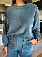 women's blue relaxed fit oversized soft ribbed corduroy athleisure crewneck pullover sweatshirt