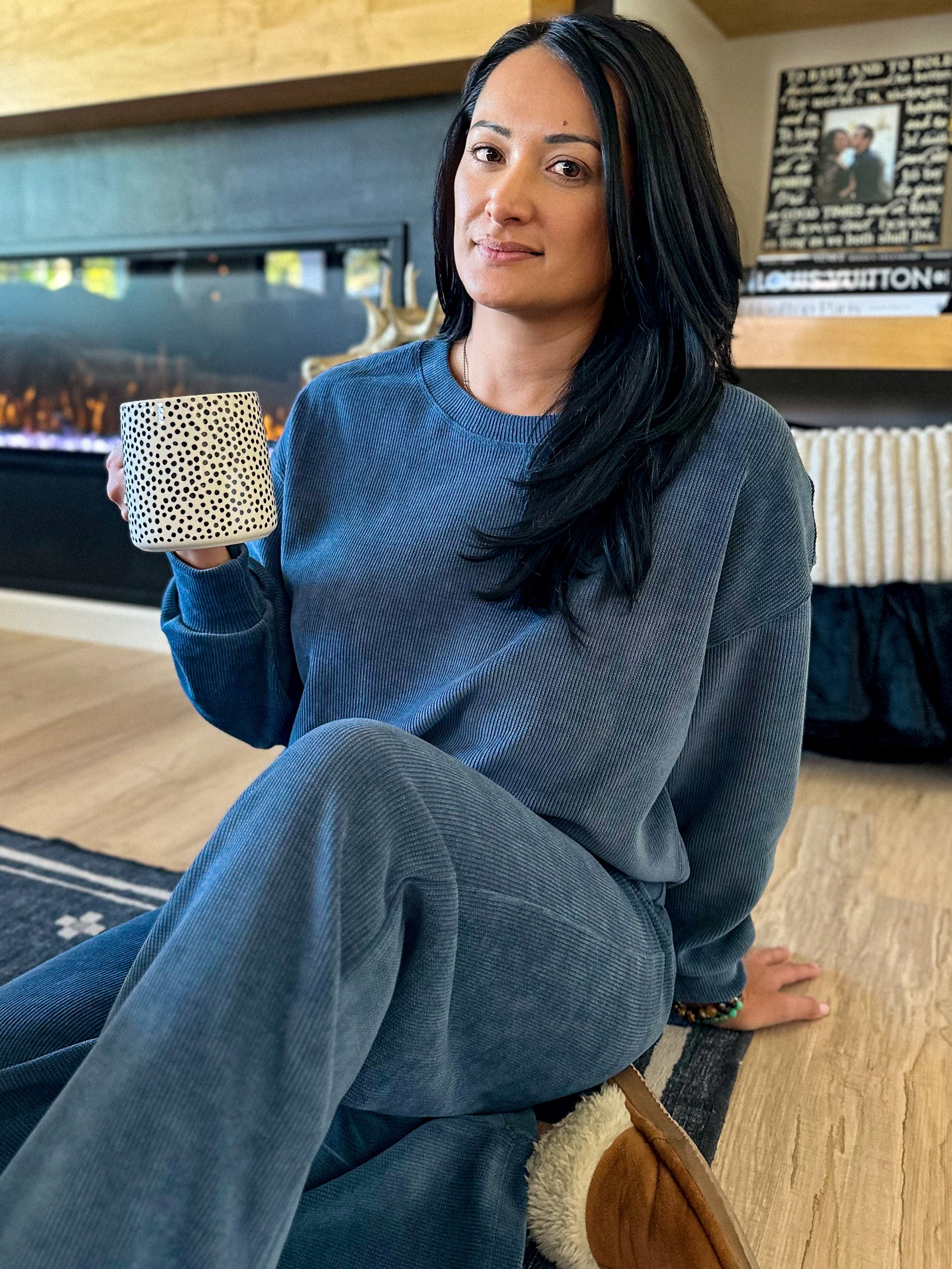 women's blue relaxed fit oversized soft ribbed corduroy athleisure crewneck pullover with matching wide leg pants for an everyday cozy set