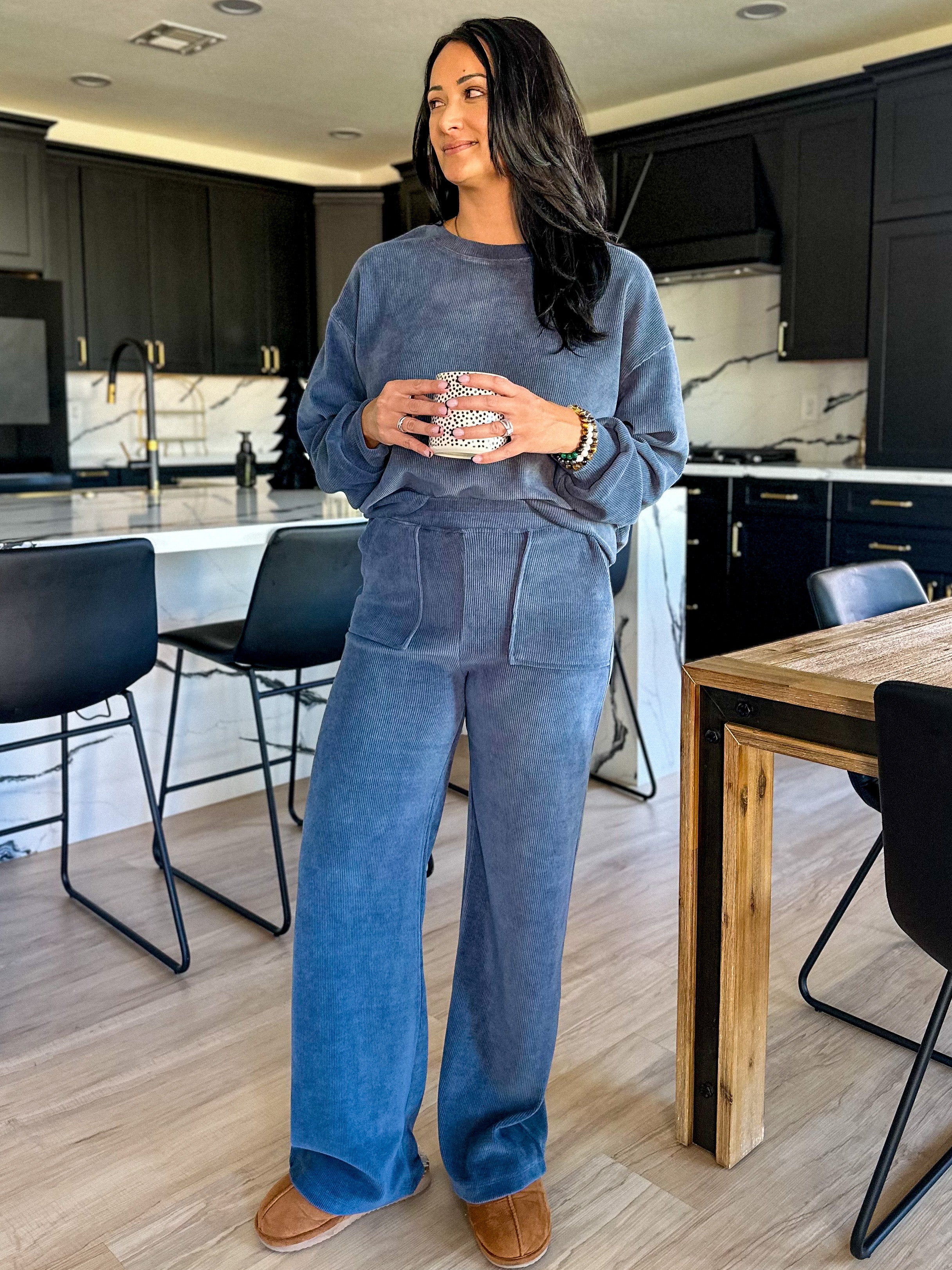 women's blue relaxed fit oversized soft ribbed corduroy athleisure crewneck pullover with matching wide leg pants for an everyday cozy set