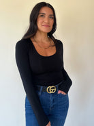 womens black buttery soft long sleeve scoop neck top