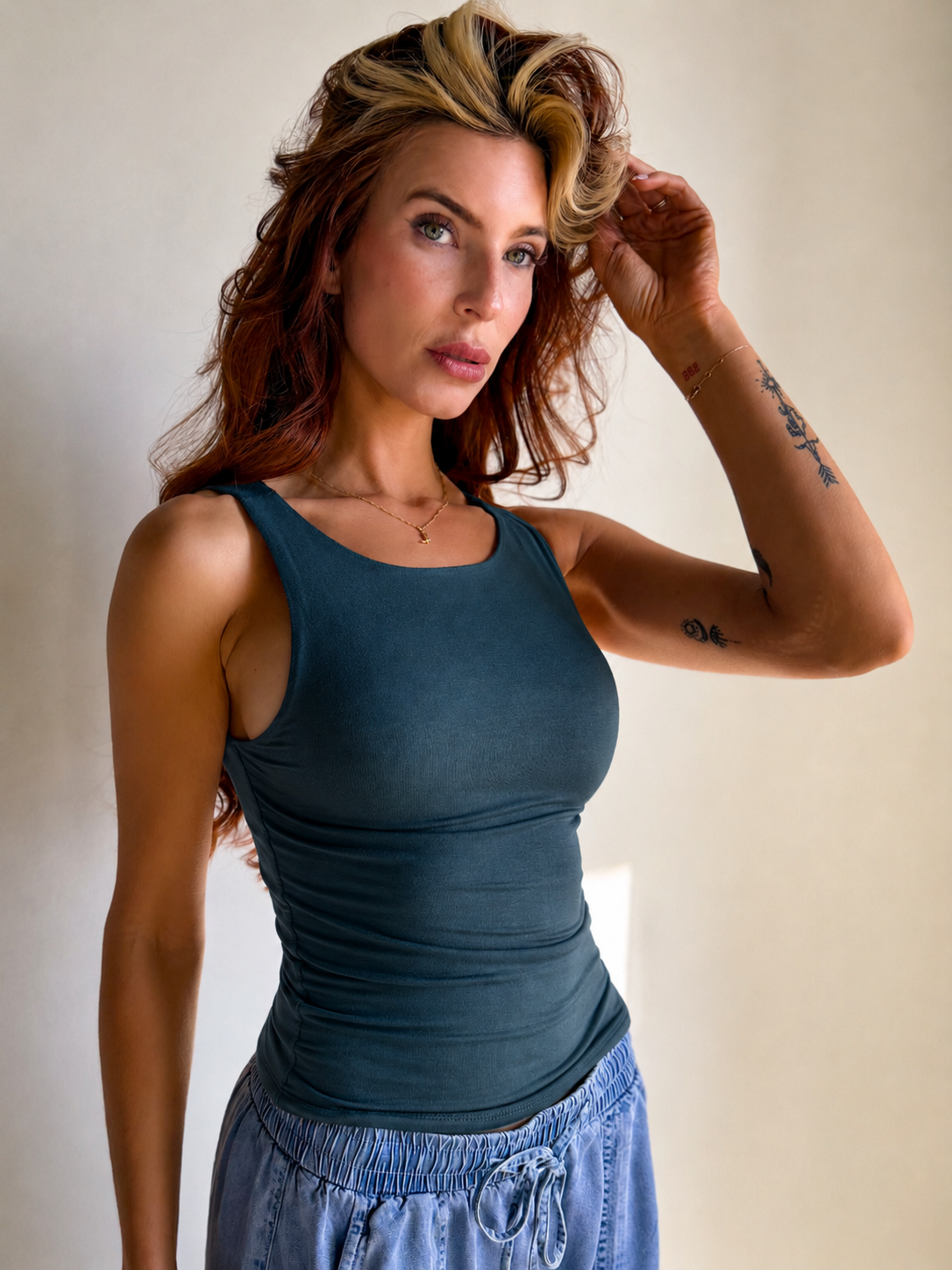 Be Cool dark teal double-lined buttery soft basic boat neck tank top 