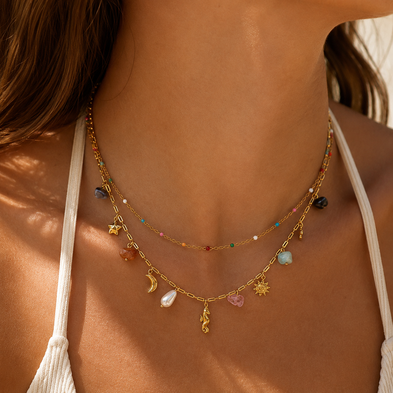 Women's gold water resistant layered summer beach charm necklace 