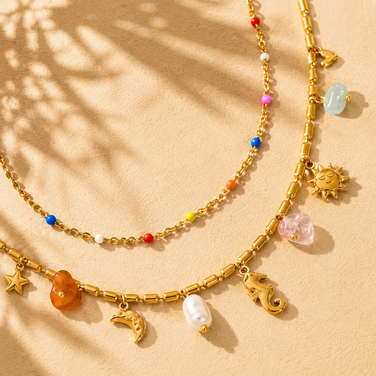 Women's gold water resistant layered summer beach charm necklace 