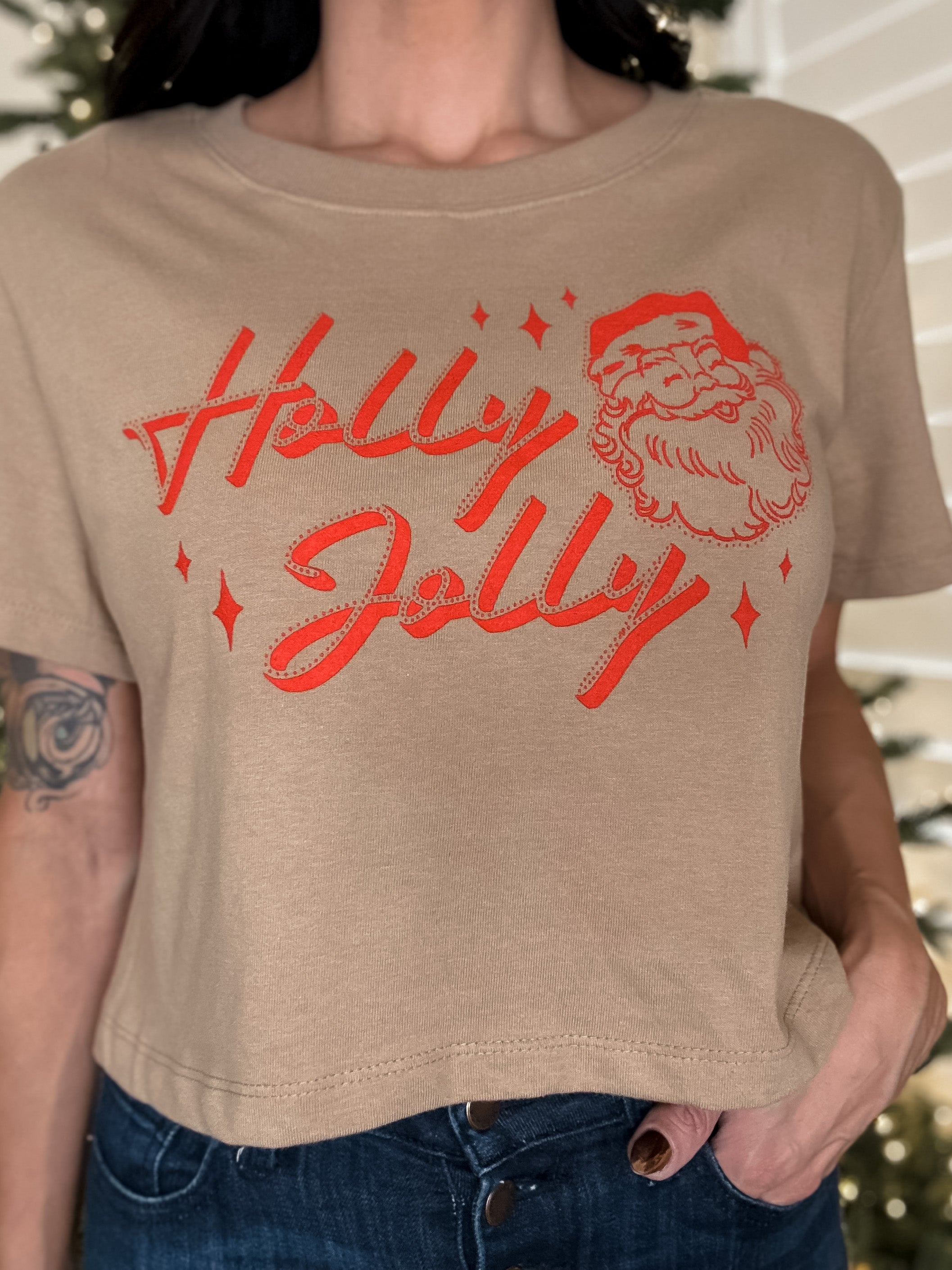 holly jolly christmas santa graphic crop t-shirt