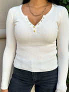 womens ivory dressy ribbed knit henley button down long sleeve top