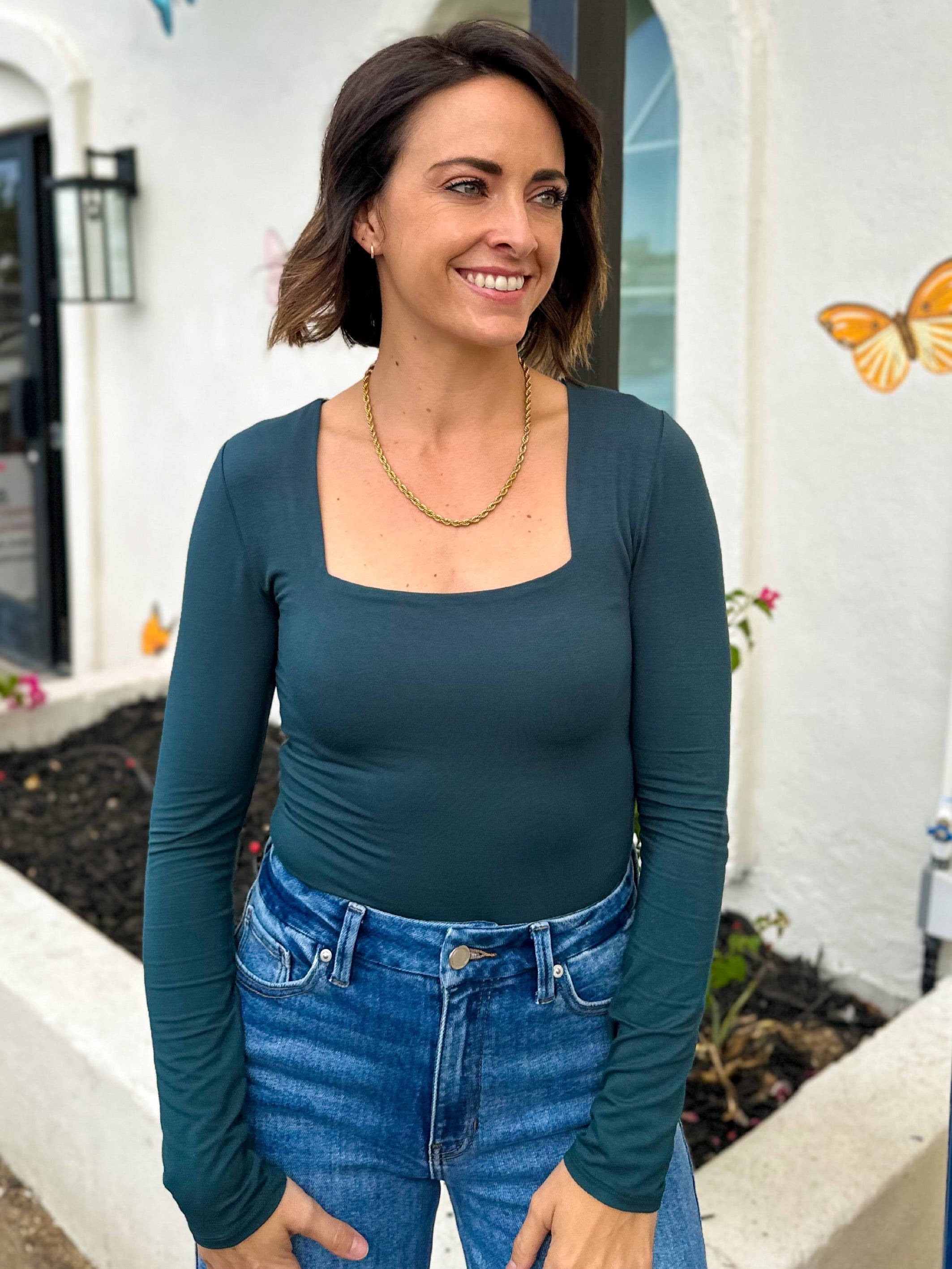 women's dark teal be cool buttery soft basic square neck long sleeve top