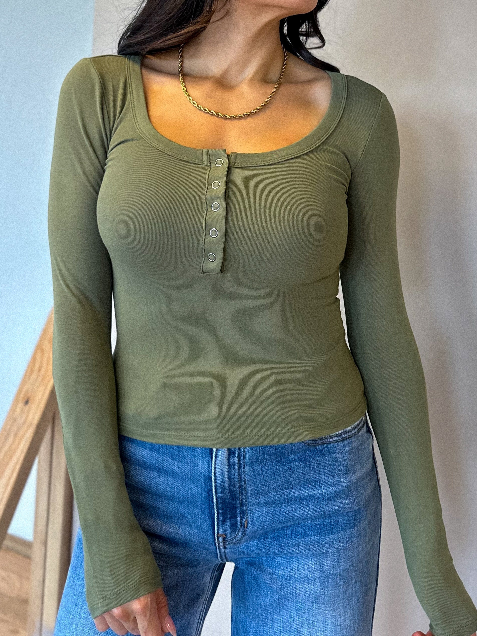 womens olive green soft basic henley button down long sleeve