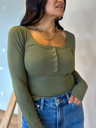womens olive green soft basic henley button down long sleeve