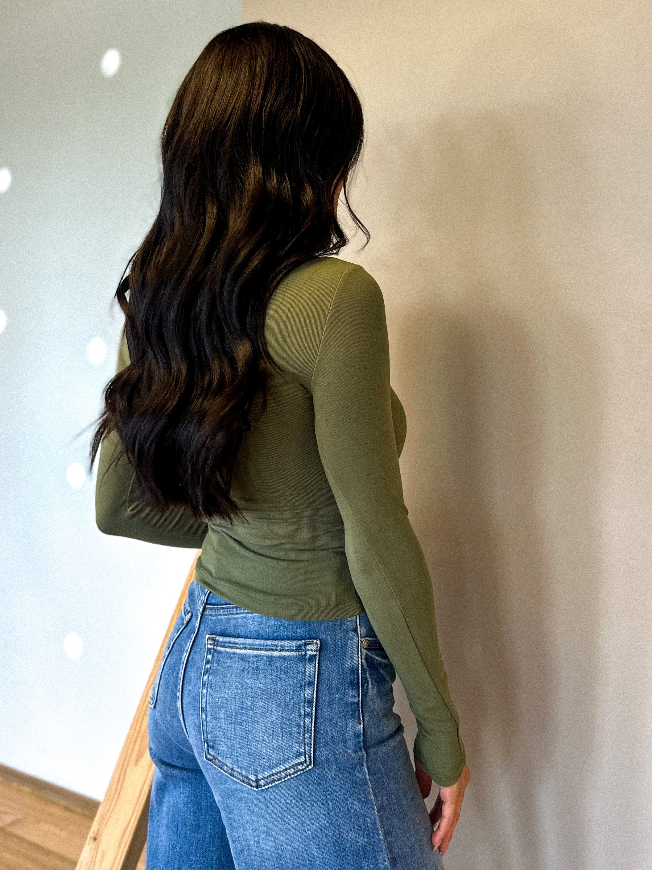 womens olive green soft basic henley button down long sleeve