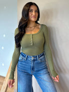 womens olive green soft basic henley button down long sleeve