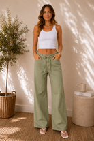 Women's olive wide leg pants with a drawstring and adjustable stretchy waist