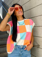 Women's pink, orange, blue, and white multi-color block relaxed fit knit tank