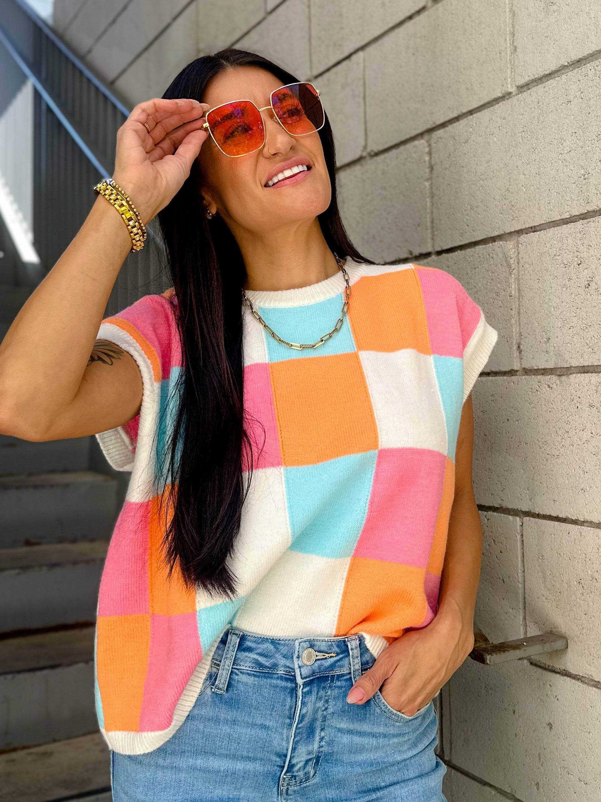 Women's pink, orange, blue, and white multi-color block relaxed fit knit tank