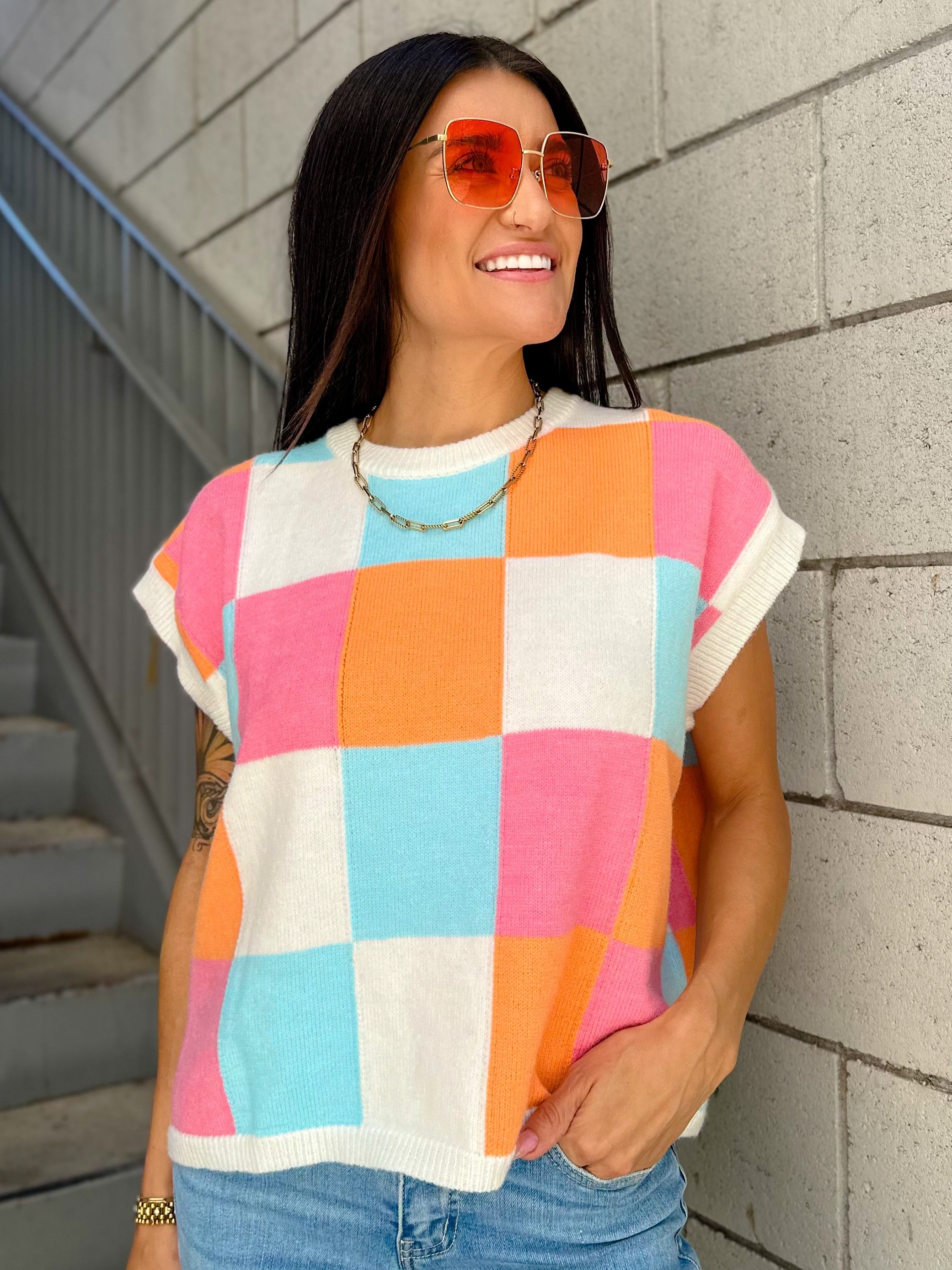 Women's pink, orange, blue, and white multi-color block relaxed fit knit tank