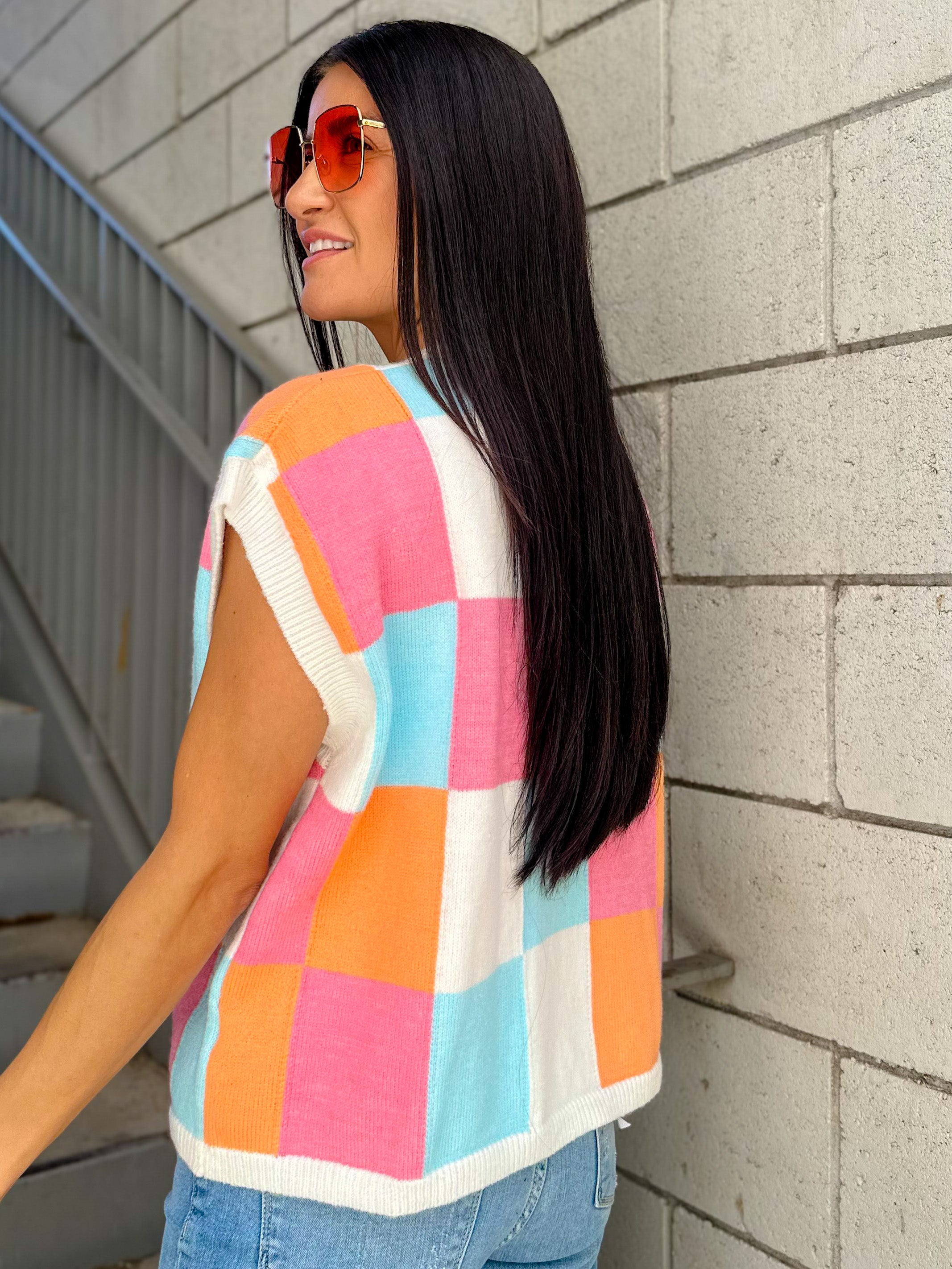 Women's pink, orange, blue, and white multi-color block relaxed fit knit tank