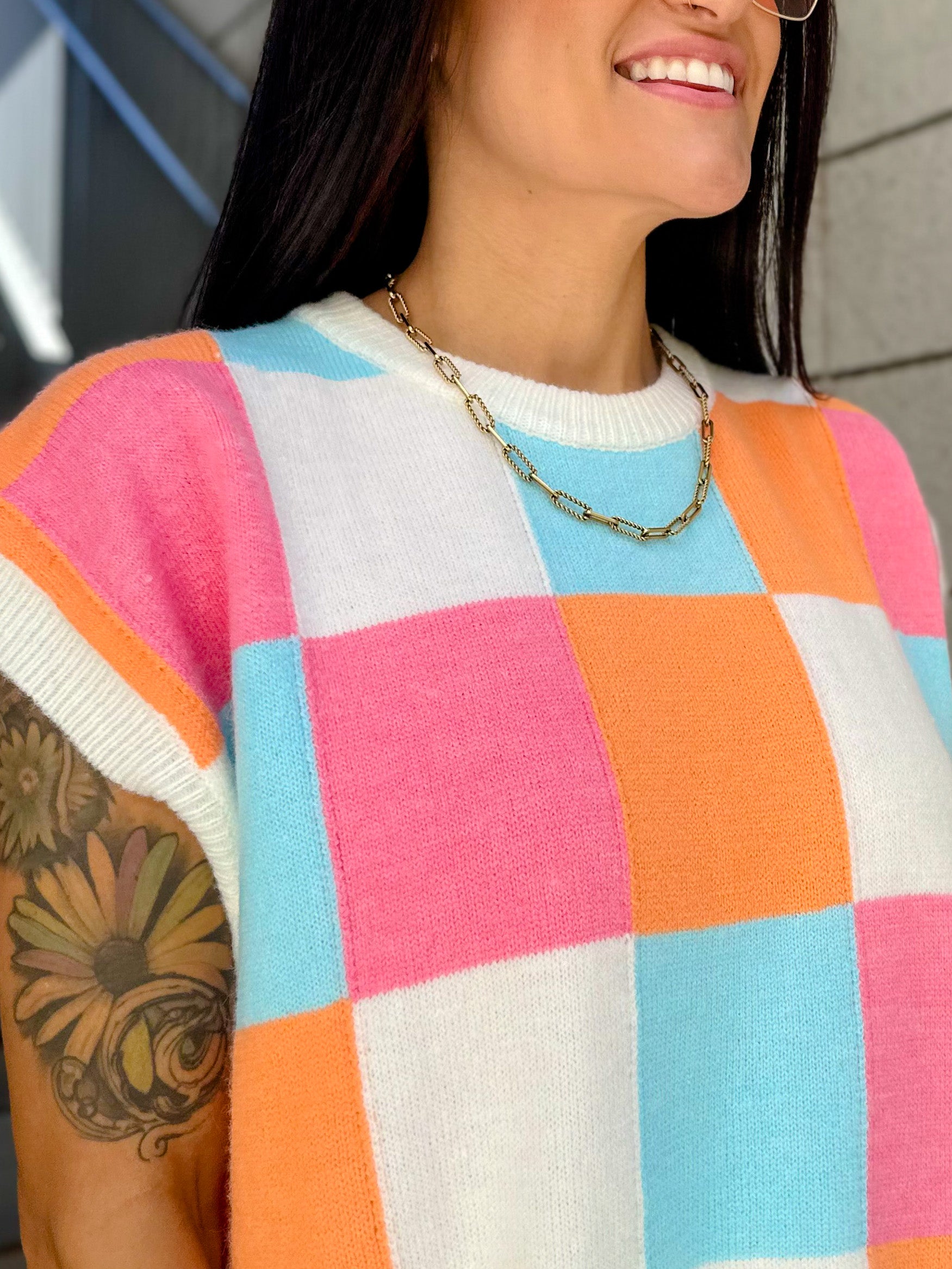 Women's pink, orange, blue, and white multi-color block relaxed fit knit tank