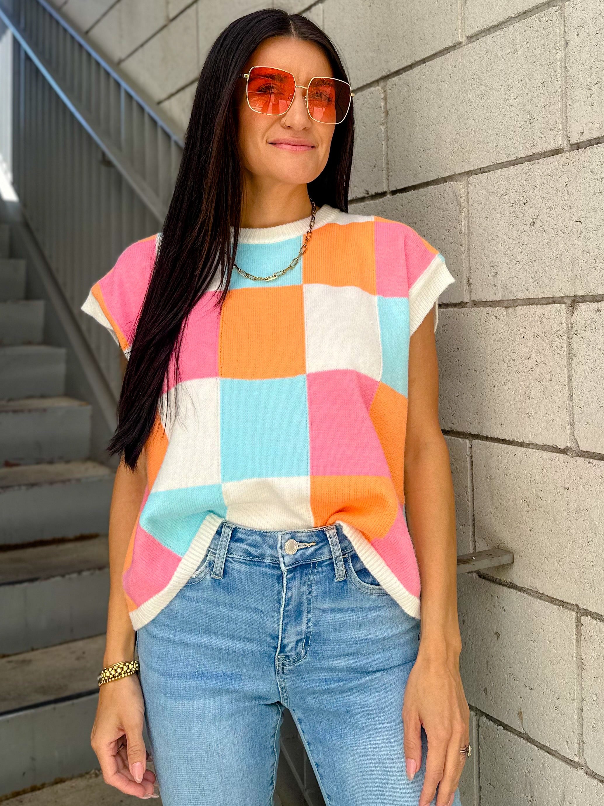 Women's pink, orange, blue, and white multi-color block relaxed fit knit tank