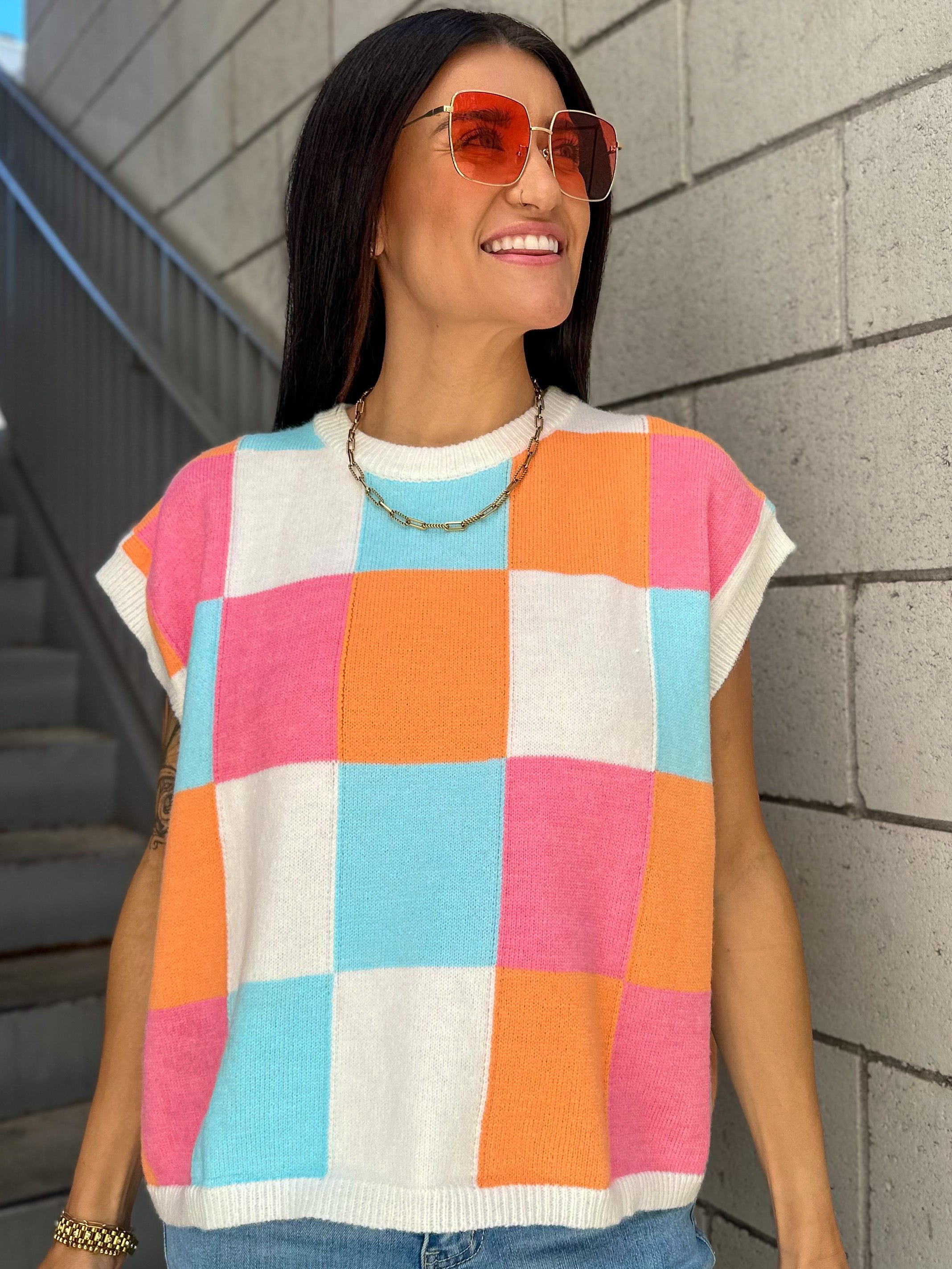 Women's pink, orange, blue, and white multi-color block relaxed fit knit tank