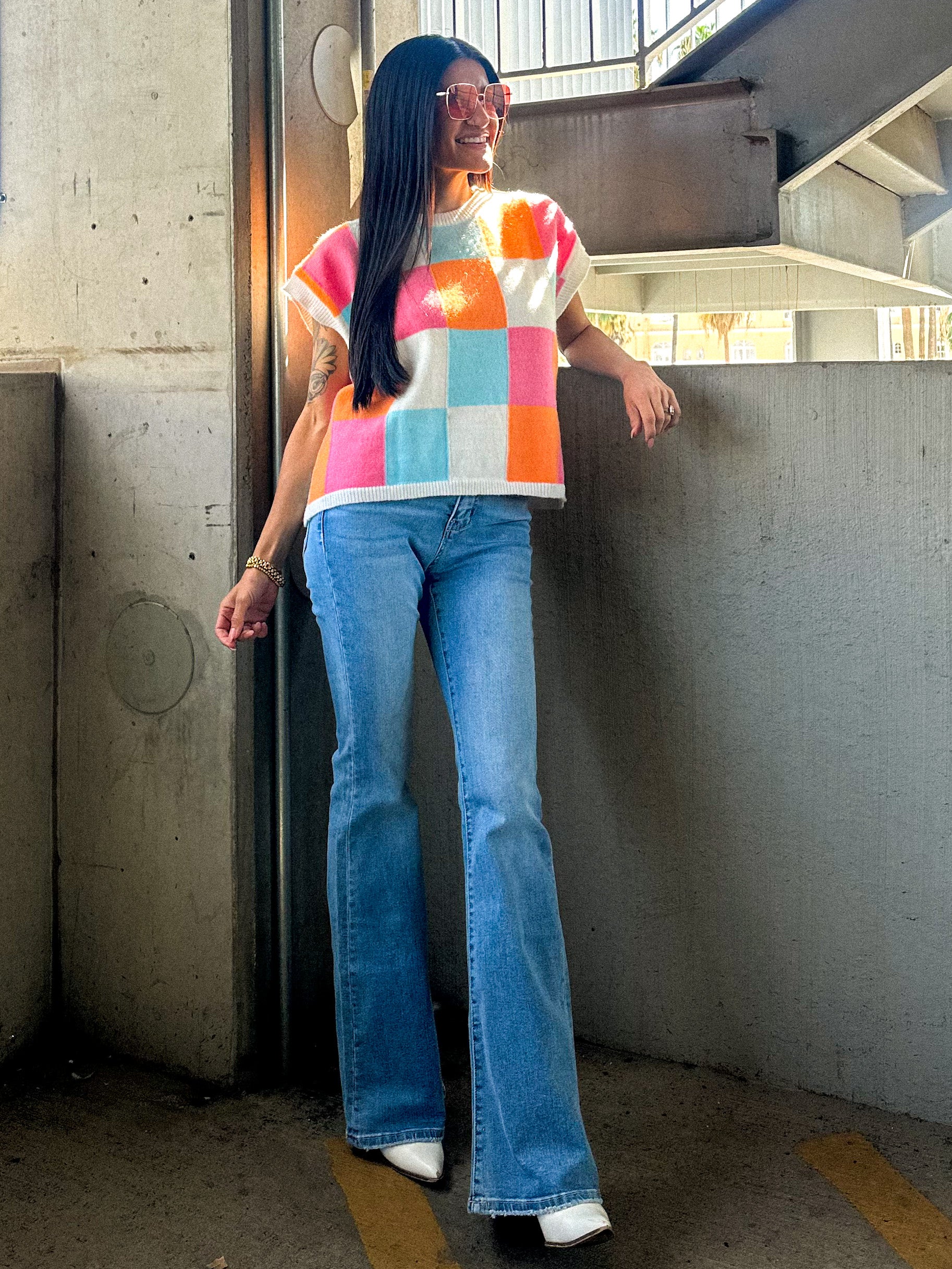 Women's pink, orange, blue, and white multi-color block relaxed fit knit tank