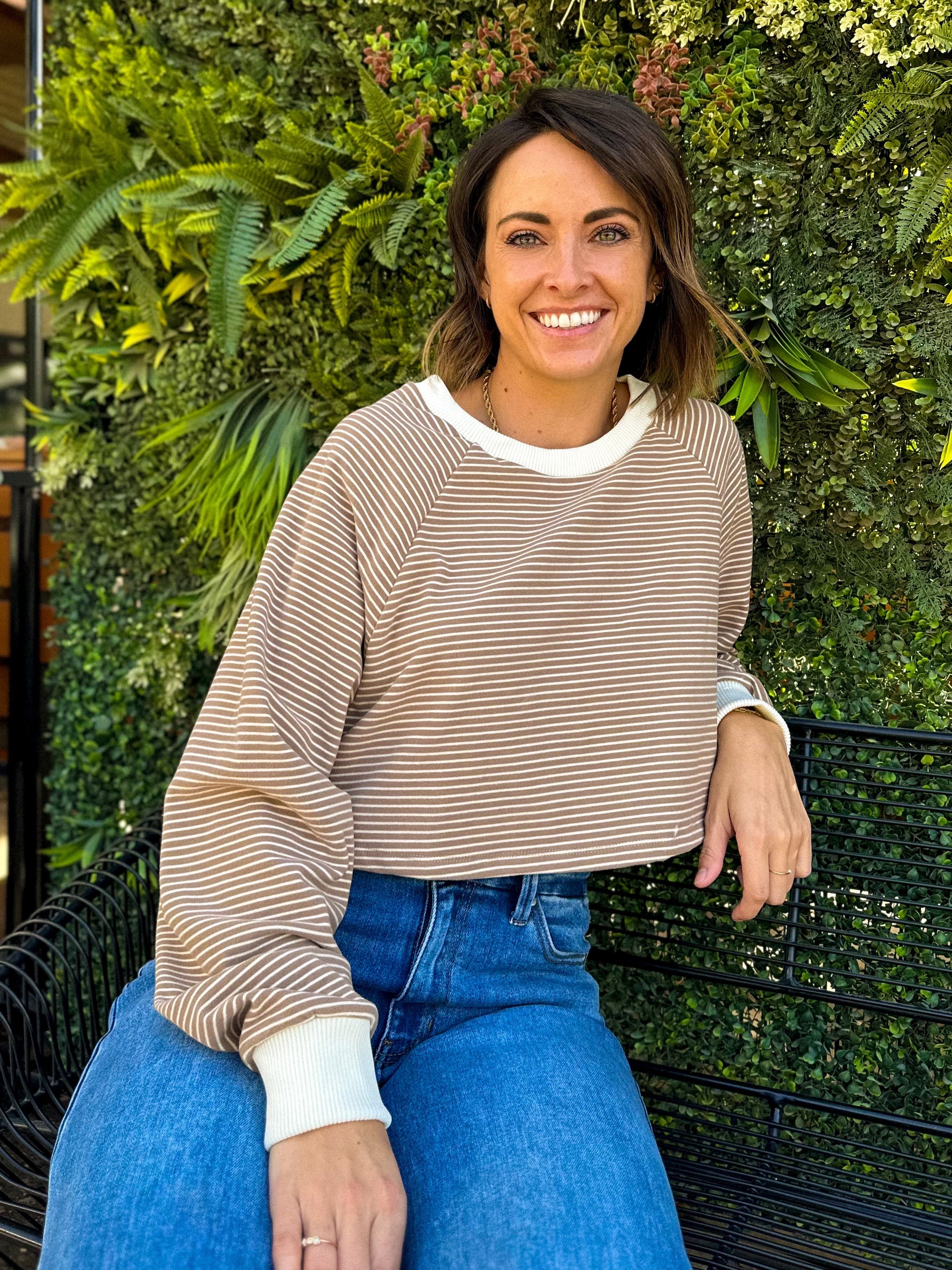 women's soft and cozy fleece striped brown crop long sleeve pullover