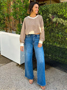 women's soft and cozy fleece striped brown crop long sleeve pullover