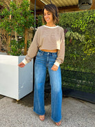 women's soft and cozy fleece striped brown crop long sleeve pullover