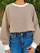 women's soft and cozy fleece striped brown crop long sleeve pullover