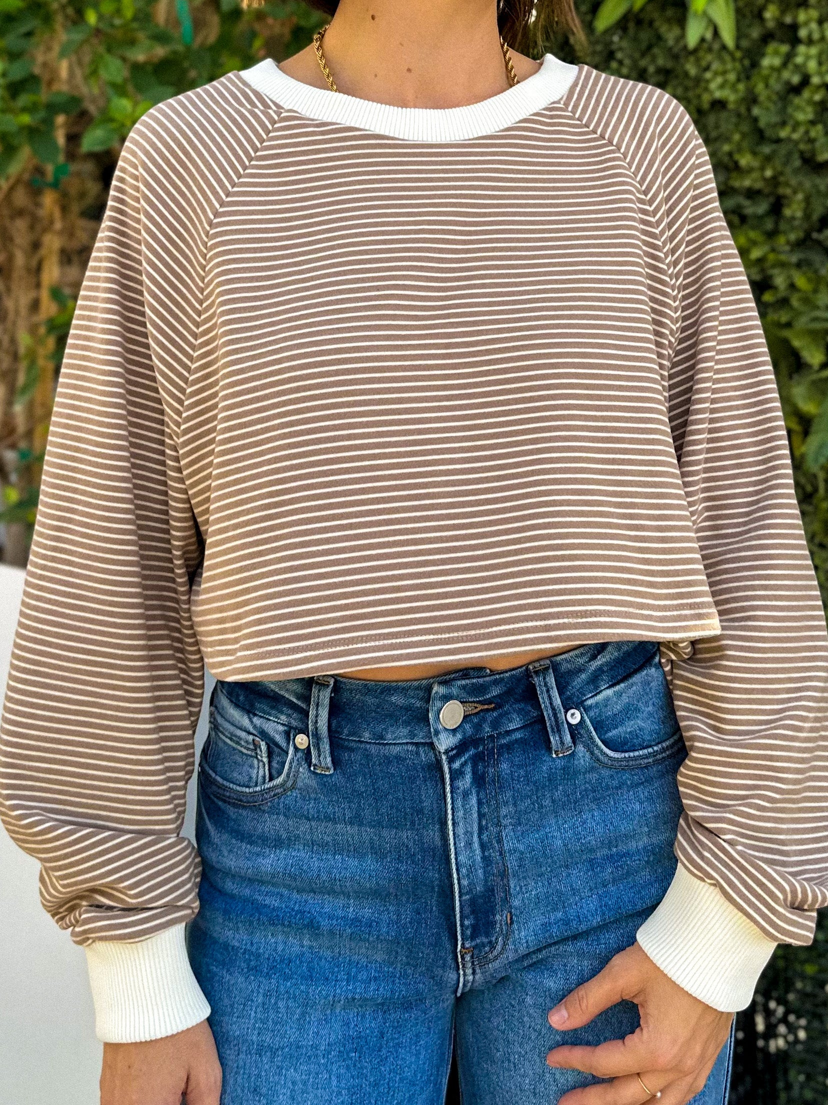 women's soft and cozy fleece striped brown crop long sleeve pullover