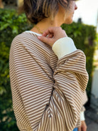 women's soft and cozy fleece striped brown crop long sleeve pullover