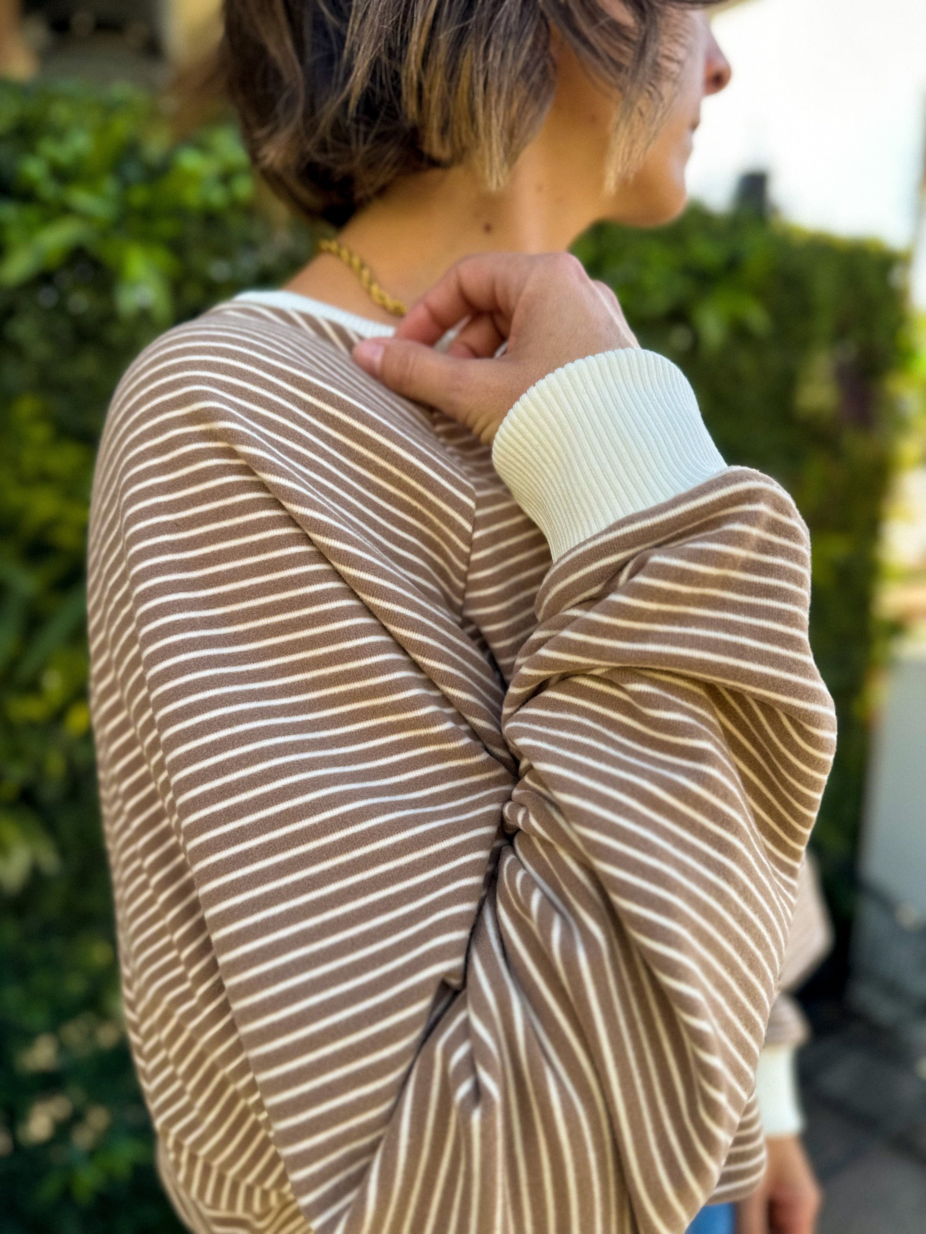women's soft and cozy fleece striped brown crop long sleeve pullover