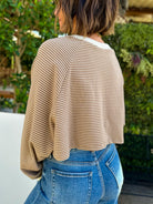 women's soft and cozy fleece striped brown crop long sleeve pullover