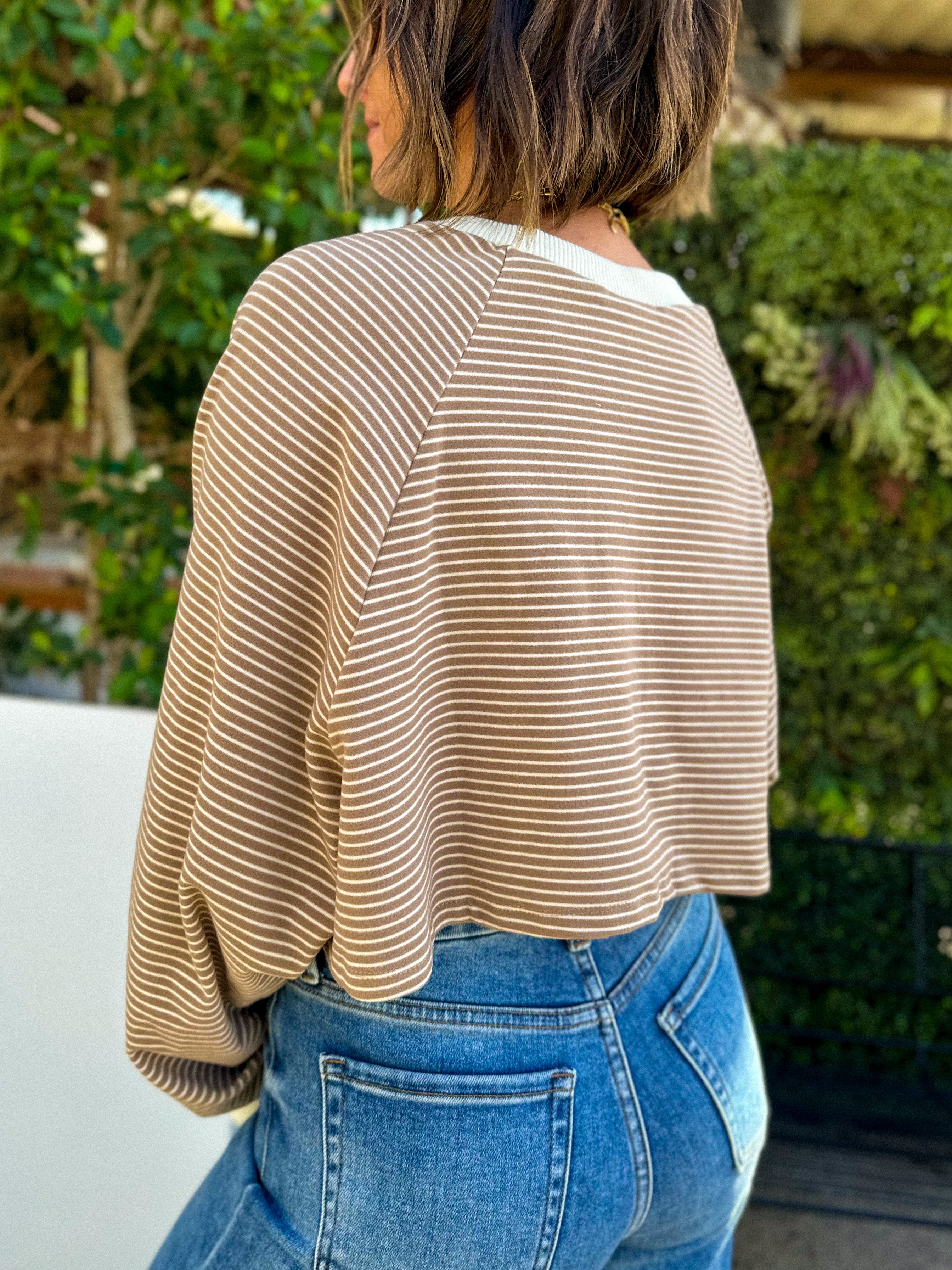 women's soft and cozy fleece striped brown crop long sleeve pullover