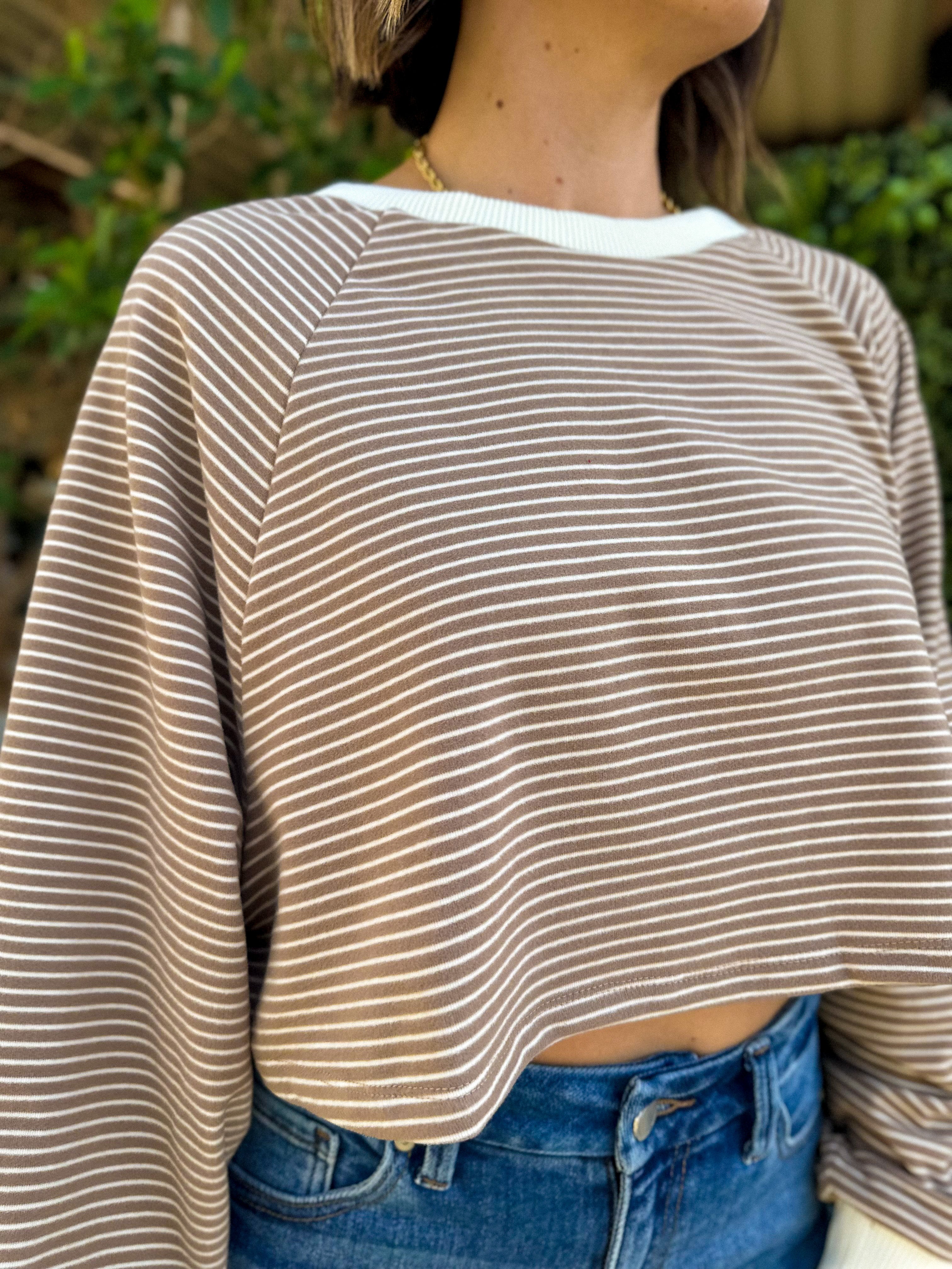 women's soft and cozy fleece striped brown crop long sleeve pullover