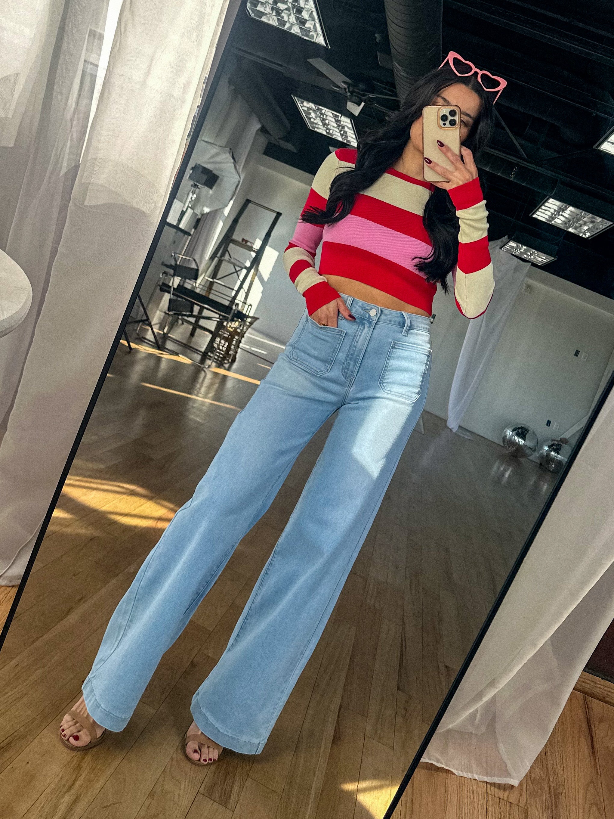 Women's valentines stripe ribbed color block long sleeve crop 