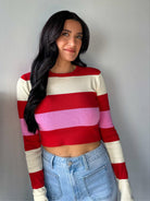Women's valentines stripe ribbed color block long sleeve crop 