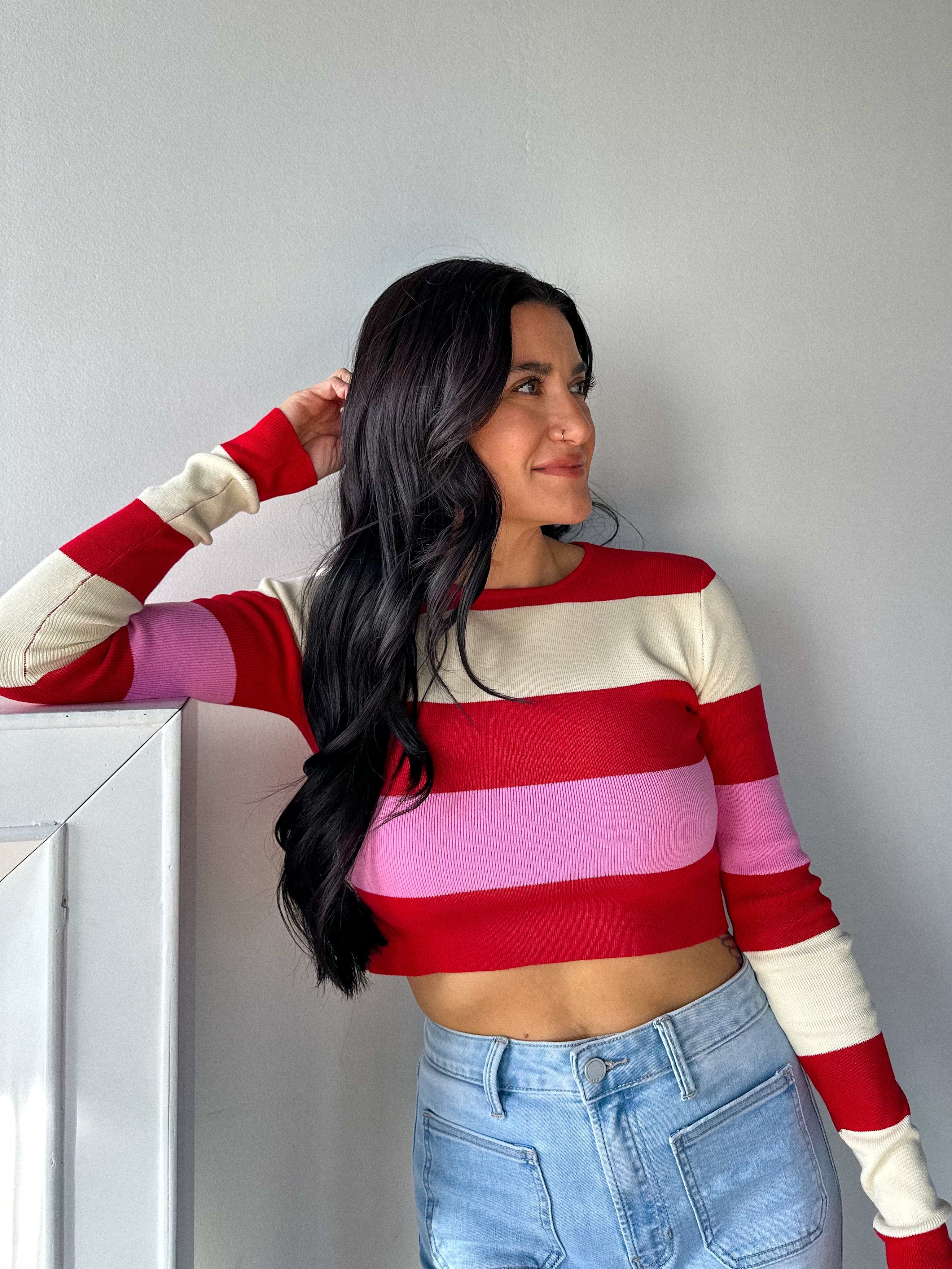 Women's valentines stripe ribbed color block long sleeve crop 