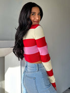 Women's valentines stripe ribbed color block long sleeve crop 