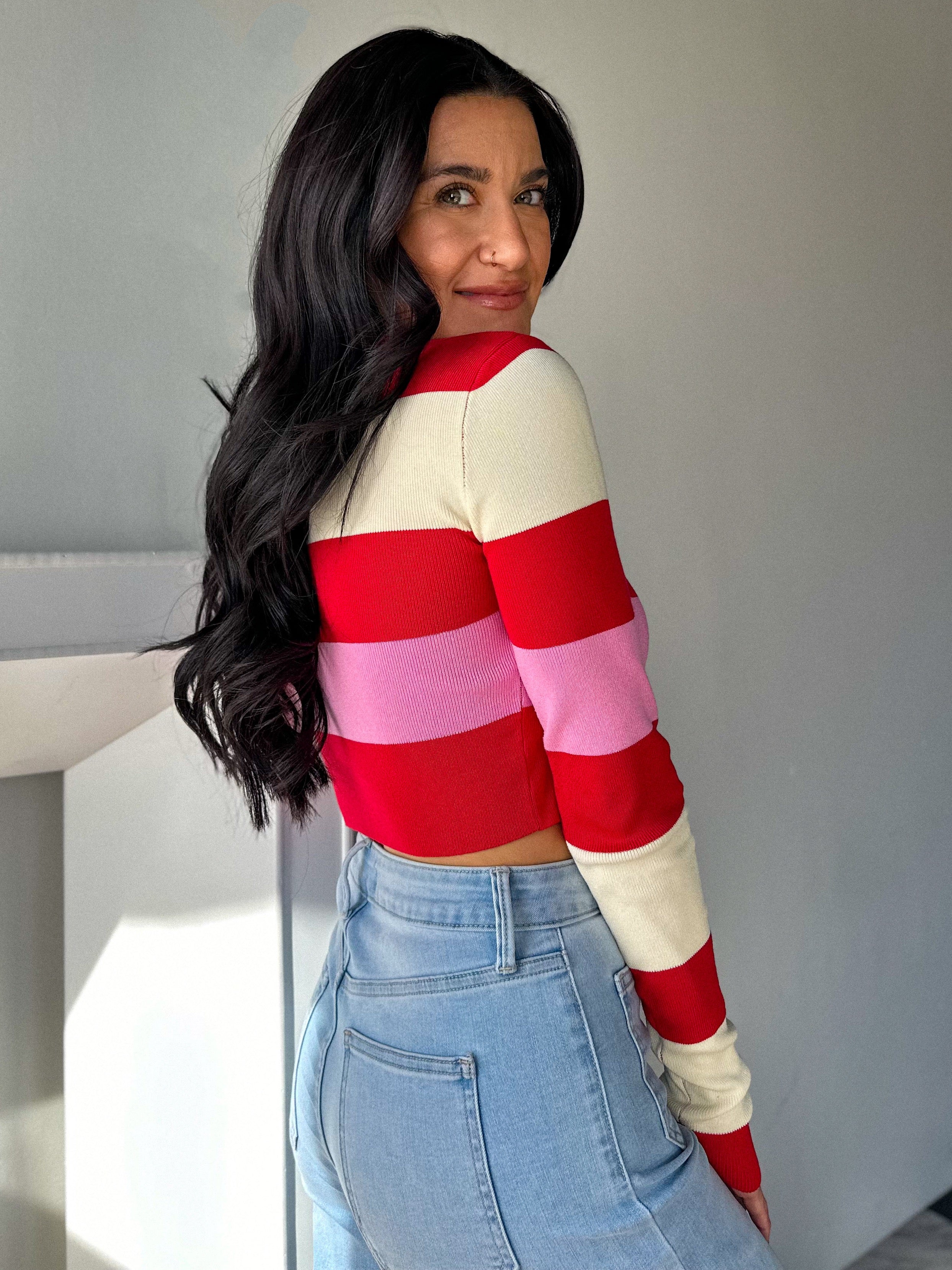 Women's valentines stripe ribbed color block long sleeve crop 