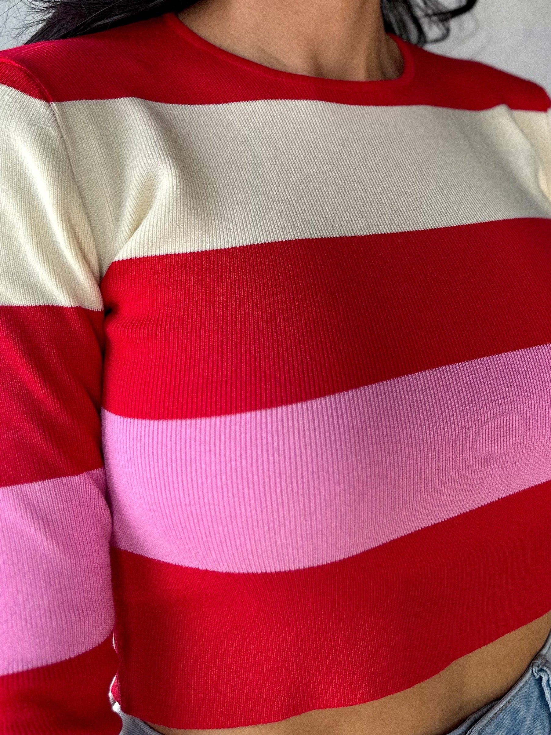 Women's valentines stripe ribbed color block long sleeve crop 