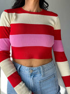 Women's valentines stripe ribbed color block long sleeve crop 